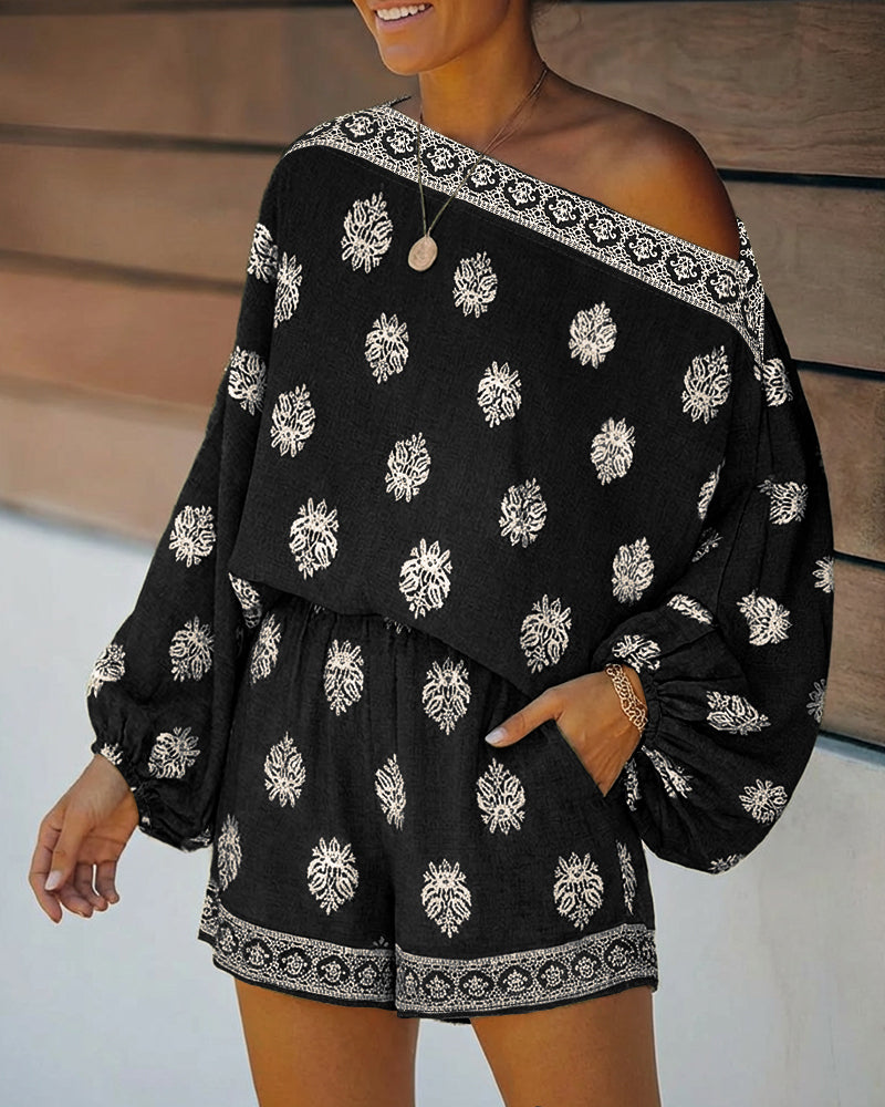 Versatile women's boho shorts set with a unique lantern sleeve top, great for summer fashion.
