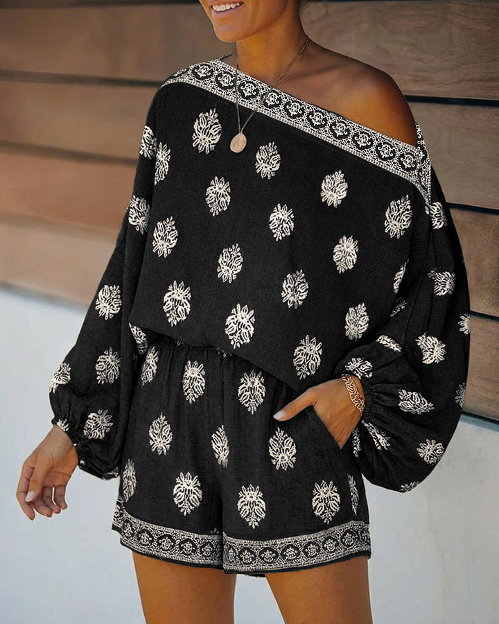 Versatile women's boho shorts set with a unique lantern sleeve top, great for summer fashion.