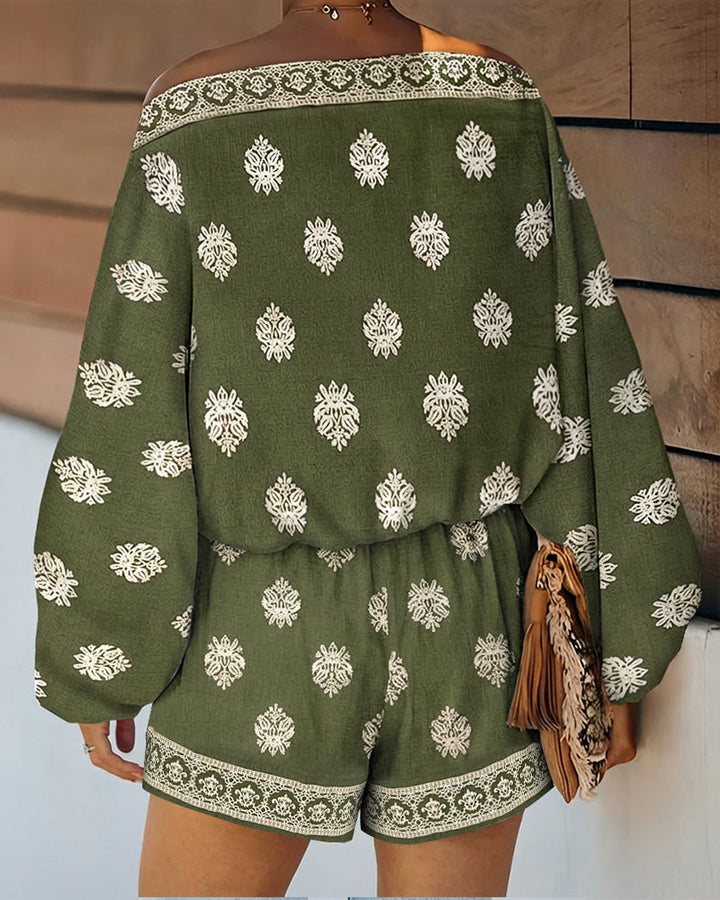 Women's summer two-piece set: off-shoulder lantern sleeve top & matching shorts. Boho fashion.