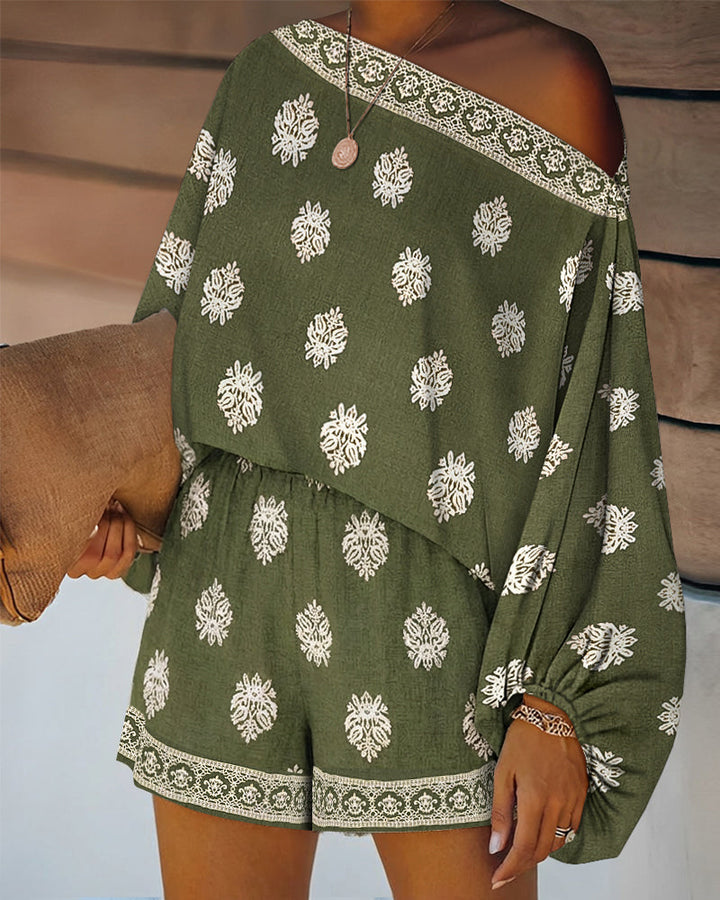Casual women's boho co-ord with lantern sleeve top and comfy shorts, perfect for summer.