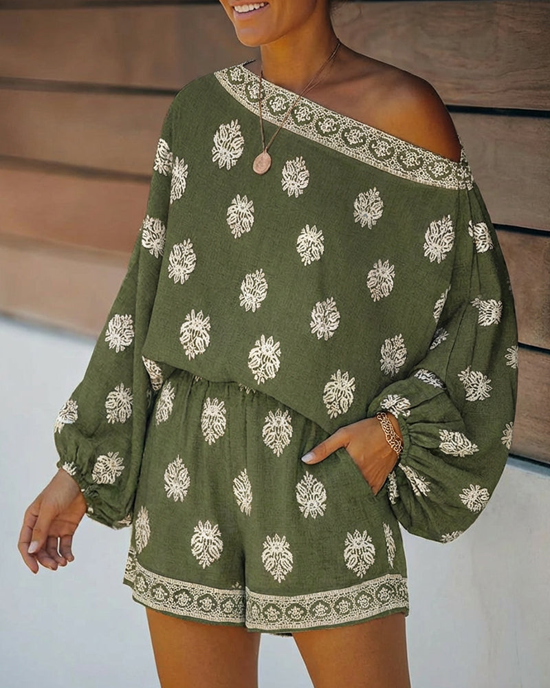 Festival ready: bohemian lantern sleeve top & shorts set. Stylish two-piece summer apparel.