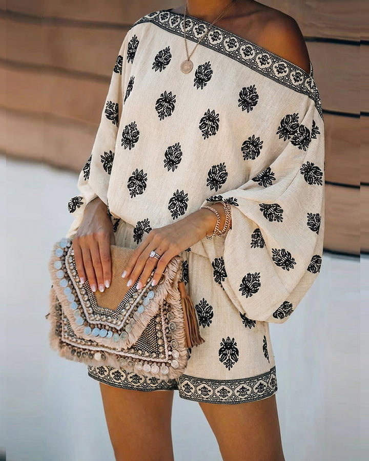 Women's two-piece summer outfit: boho lantern sleeve top & shorts set. Relaxed fit.