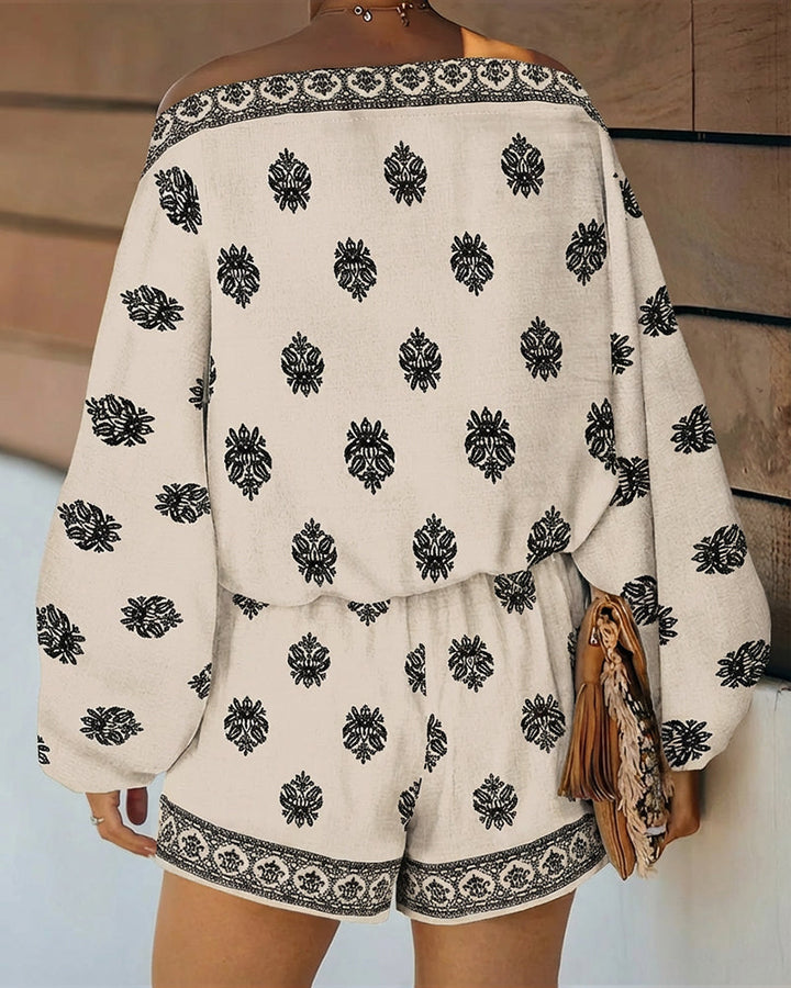 Stylish women's bohemian co-ord: off-shoulder lantern top & elastic waist shorts. Summer look.