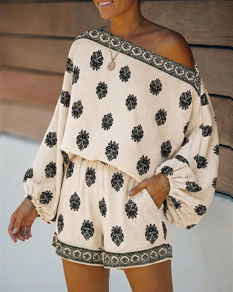 Trendy women's casual wear: boho lantern sleeve top with shorts. Two-piece summer set.