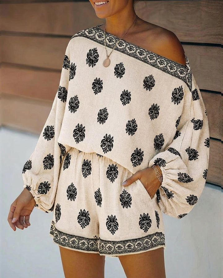 Trendy women's casual wear: boho lantern sleeve top with shorts. Two-piece summer set.