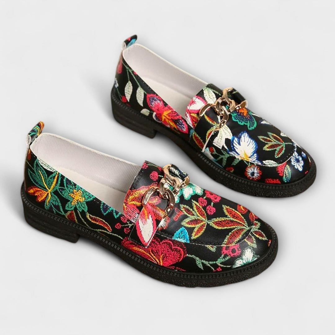 Women's comfort footwear: bold multicolor loafers, a versatile slip-on shoe for stand-out casual elegance.