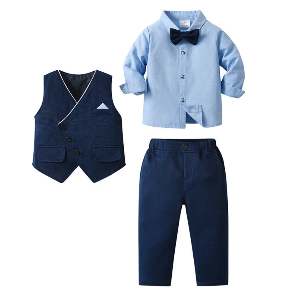 Boys' elegant 3-piece formal suit with blue shirt, waistcoat, trousers & bow tie. Perfect for weddings.