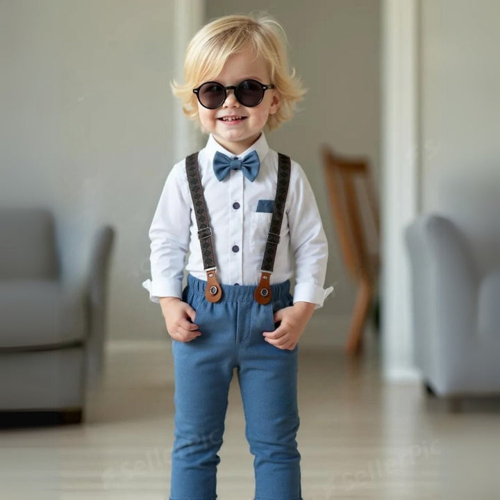 Chic blue boys' fashion suit set, 3 pieces: shirt, waistcoat, trousers, plus a smart bow tie.