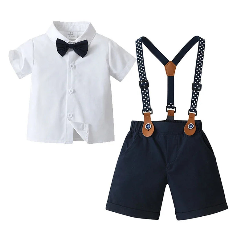 Special occasion blue suit for boys, featuring a waistcoat, trousers, shirt & classy bow tie.