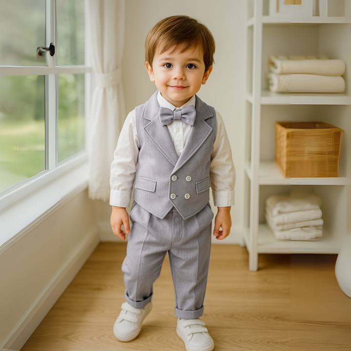 Kids' formal blue outfit: 3-piece suit with waistcoat, trousers, shirt & charming bow tie.