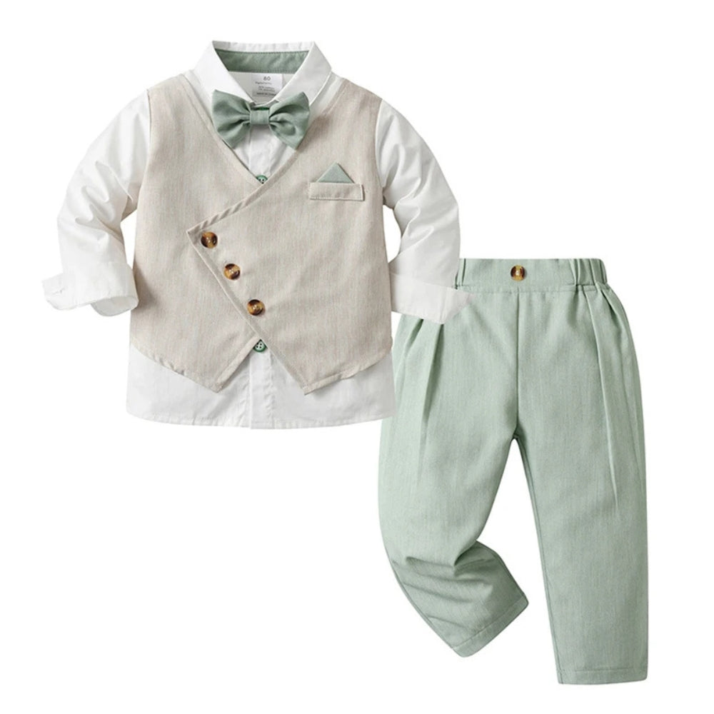 Toddler gentleman suit: blue 3-piece set, complete with shirt, waistcoat, trousers & bow tie.