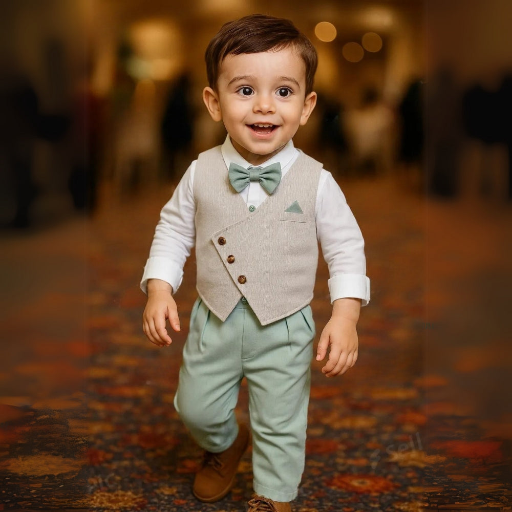 Baby boy's blue wedding suit, 3 pieces: shirt, waistcoat, trousers, and an adorable bow tie.