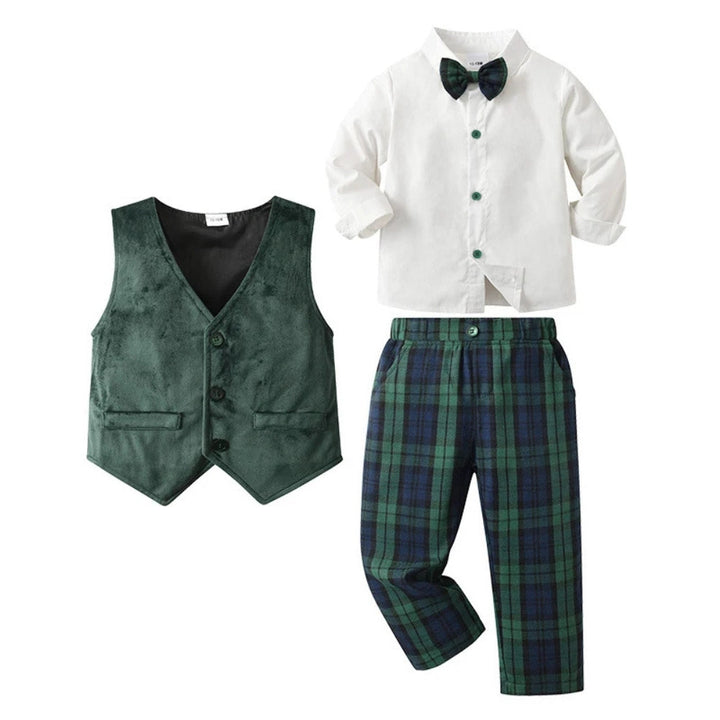 Boys' elegant blue suit for parties, includes a formal waistcoat, trousers, shirt & bow tie.