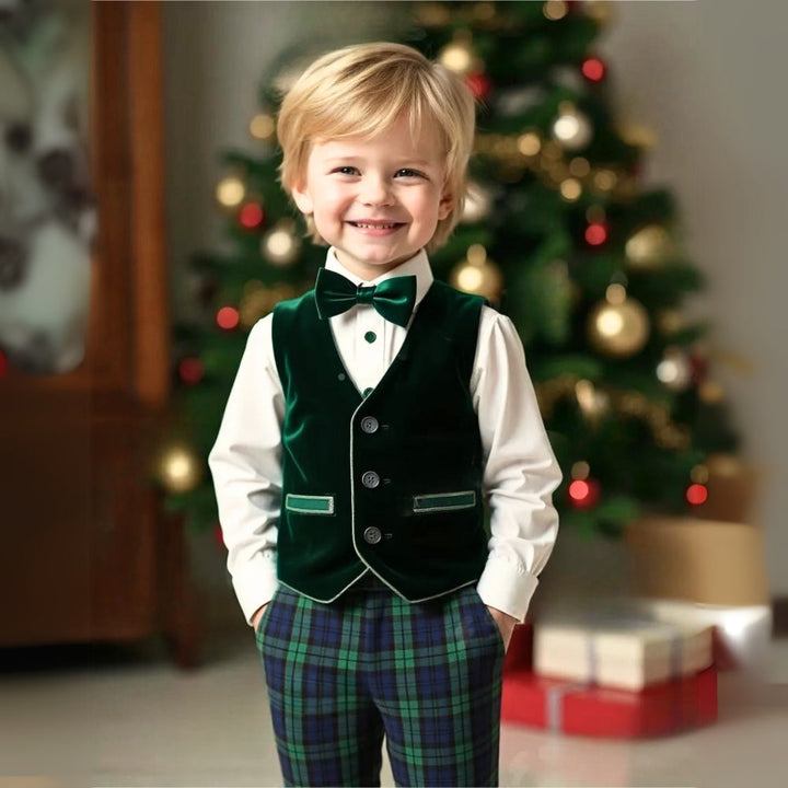 Blue formal wear for kids: 3-piece suit with waistcoat, trousers, shirt & a dapper bow tie.
