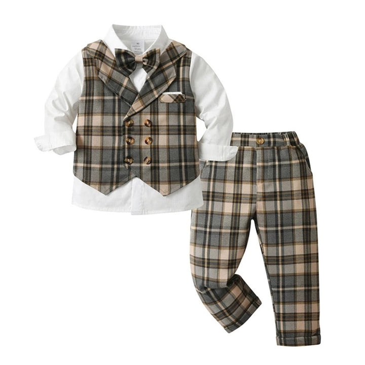 Sophisticated boys' christening outfit: blue 3-piece suit with waistcoat, trousers & bow tie.
