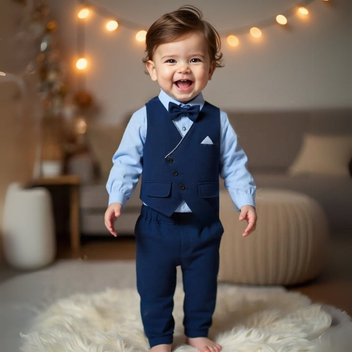 Chic boys' blue formal suit: shirt, waistcoat, trousers, and bow tie. Ideal for special occasions.