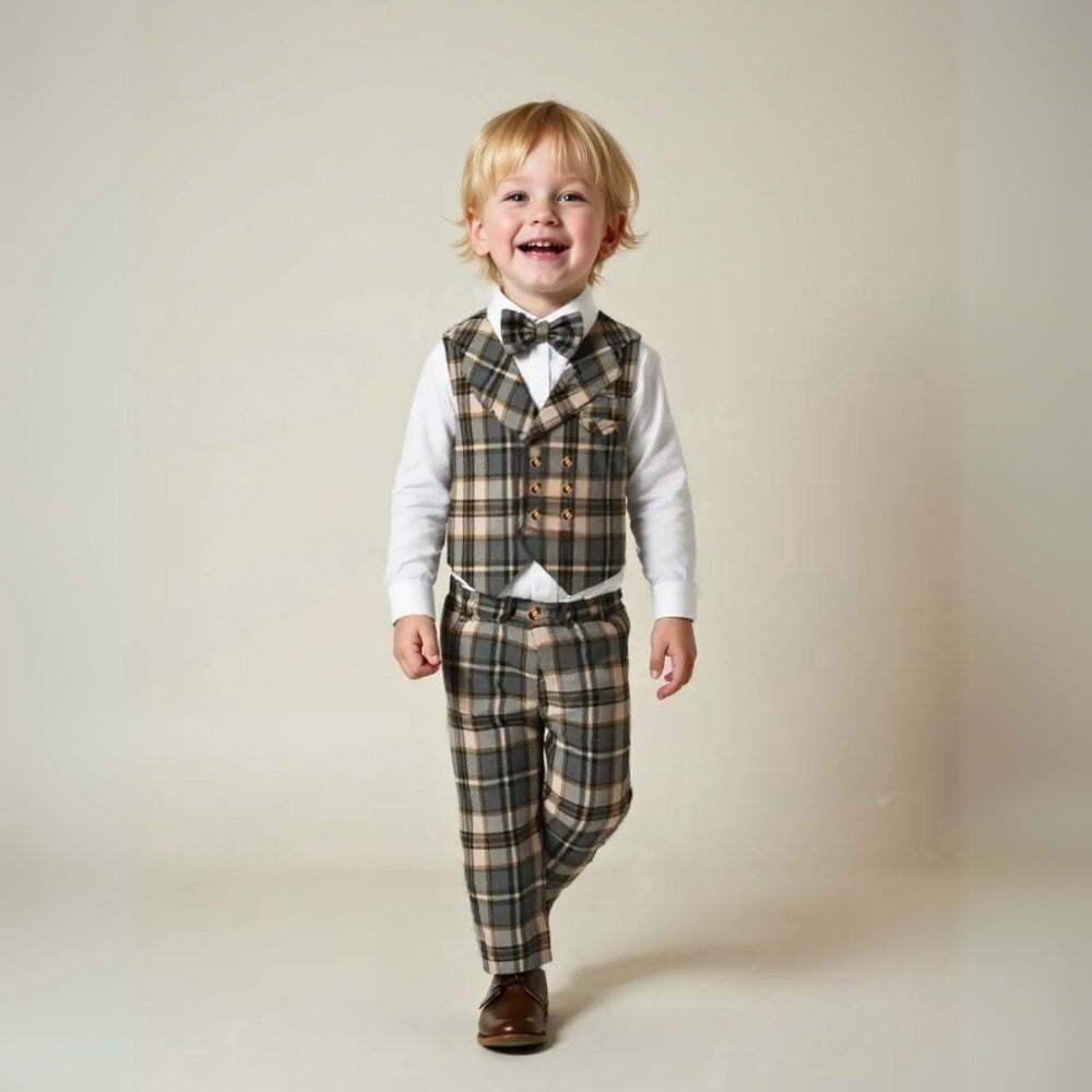 Smart blue boys' tuxedo-look 3-piece suit, featuring a waistcoat, trousers & stylish bow tie.