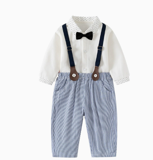 Elegant boys' blue 3-piece suit set with shirt, waistcoat, trousers, and a chic bow tie.