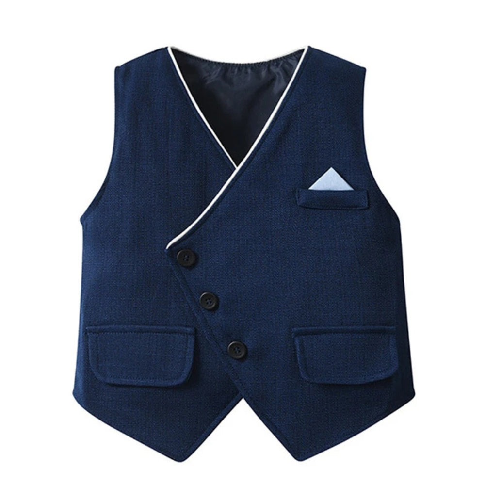 Toddler boys' formal wear: blue shirt, waistcoat, trousers & bow tie set. Great for events.
