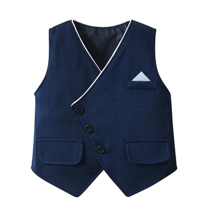 Toddler boys' formal wear: blue shirt, waistcoat, trousers & bow tie set. Great for events.