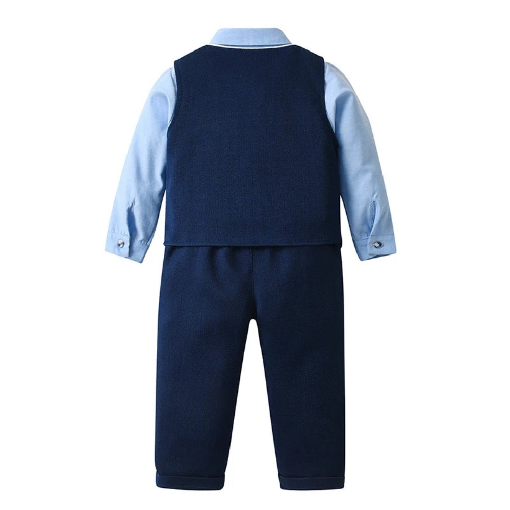Boys' wedding outfit: blue formal suit with waistcoat, trousers, shirt & matching bow tie.