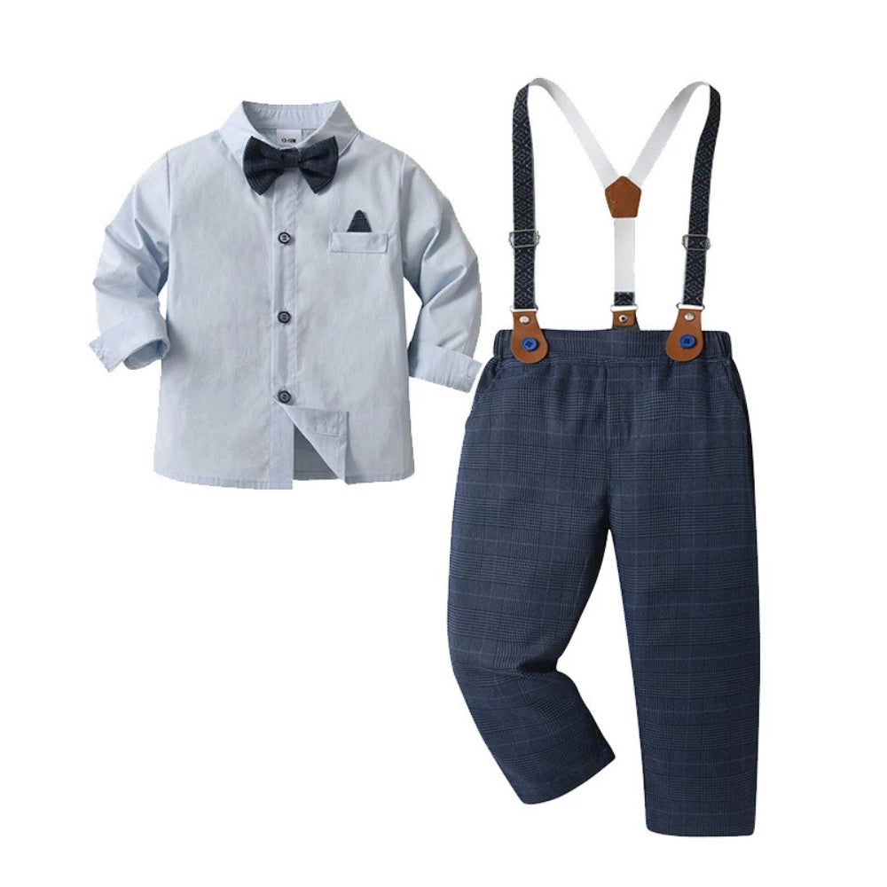 Stylish kids' party attire: blue 3-piece suit, includes a handsome waistcoat & bow tie.