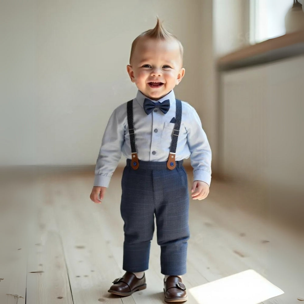 Christening suit for boys: blue formal set with shirt, trousers, waistcoat, and bow tie.