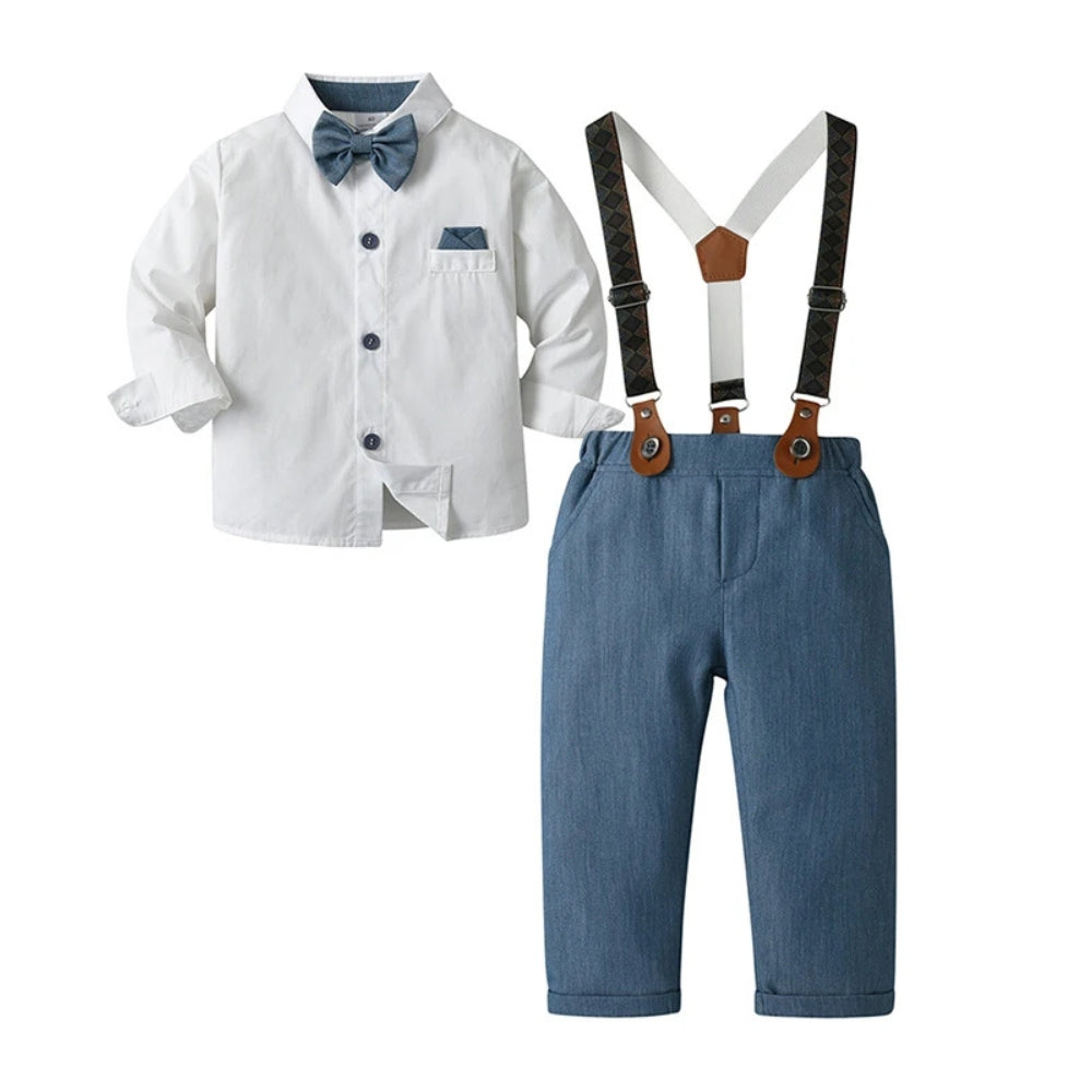 Formal blue boys' tuxedo style 3-piece suit with an elegant waistcoat & bow tie.