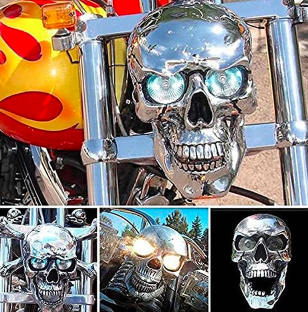 Bright LED skull motorcycle headlight, unique custom biker accessory for enhanced road safety & retro style.