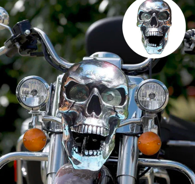 Men's unique LED skull headlight, a retro motorcycle accessory & perfect biker gift for custom bikes.