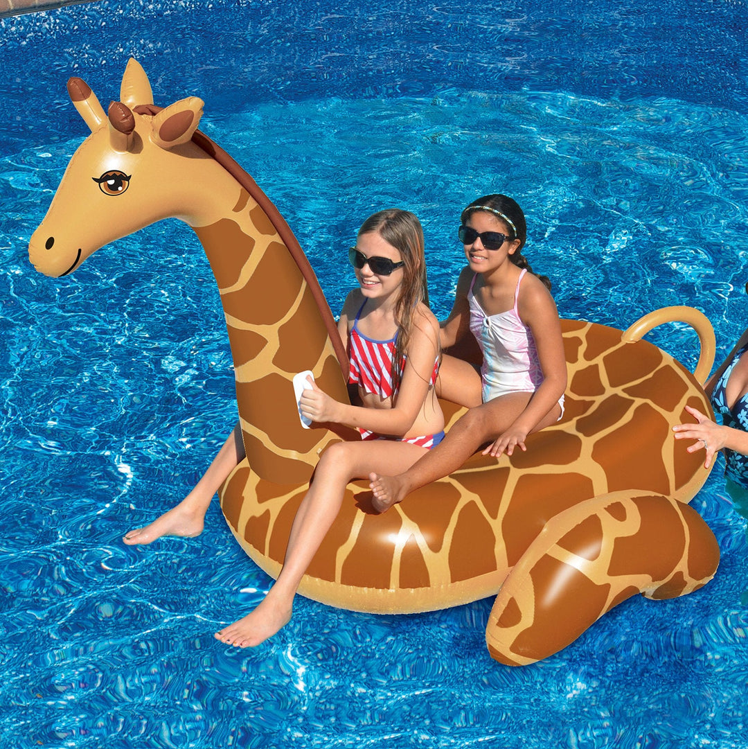 Fun inflatable giraffe pool toy for endless summer water activities. Ideal beach accessory for families.