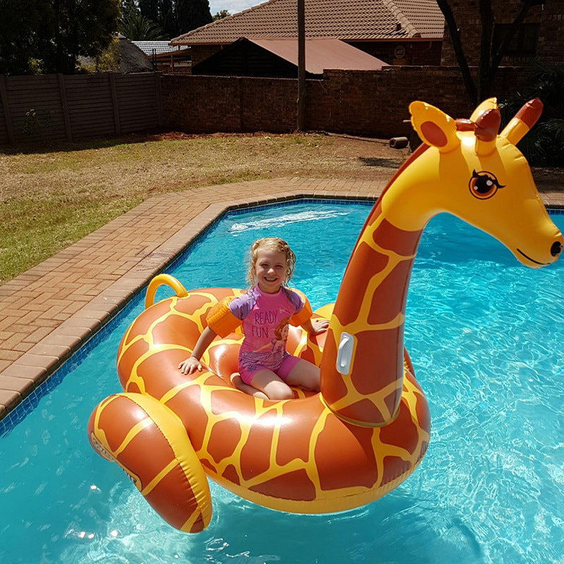 Large yellow giraffe pool float, an eye-catching inflatable for summer relaxation & play in the water.
