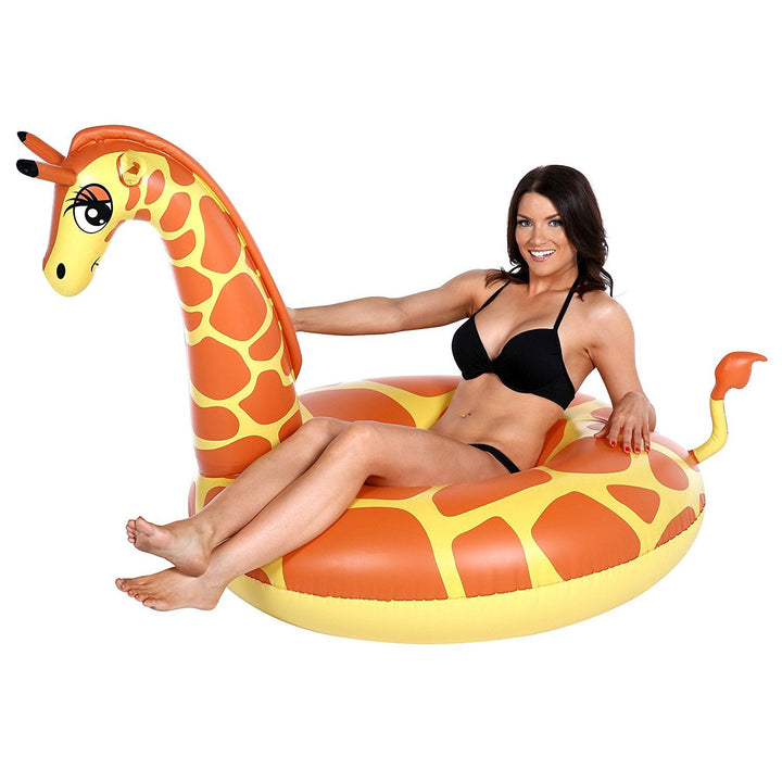 Kids & adults enjoy this unique inflatable giraffe pool float. Perfect for summer swimming & outdoor fun.