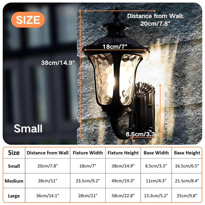 Bronze & black outdoor waterproof wall light with clear glass shade for porch or patio.
