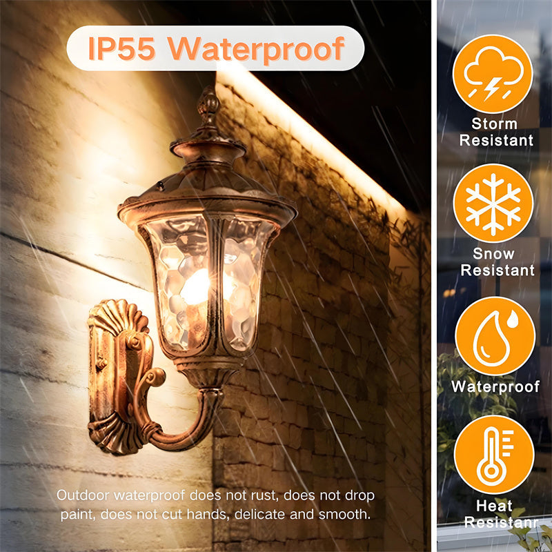 Stylish outdoor wall light fixture, waterproof, bronze & black, with decorative glass.