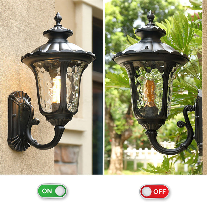 Durable outdoor lighting: bronze & black wall light, weather resistant, clear glass shade.