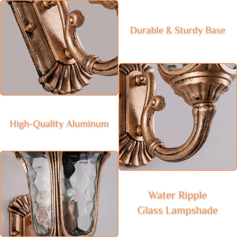 Modern outdoor porch light, bronze & black, with protective glass and waterproof design.