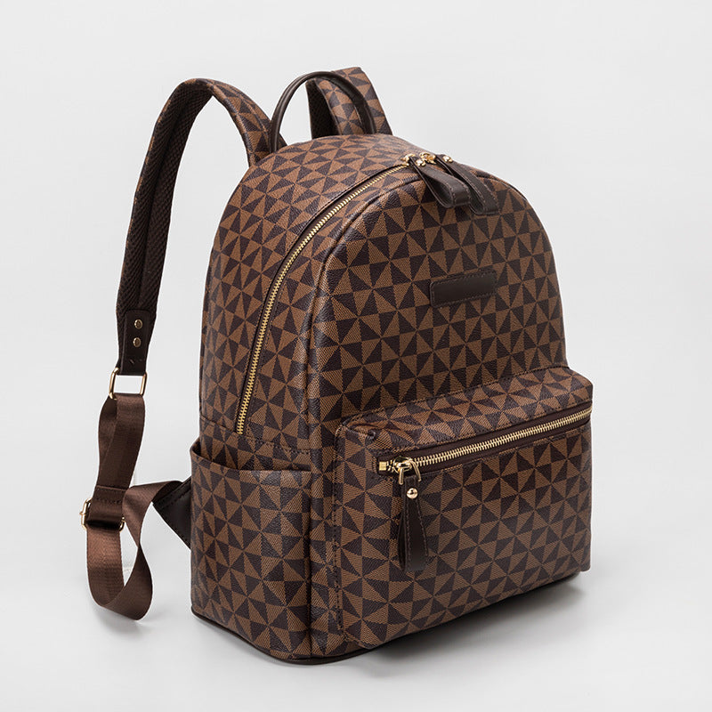 Unisex brown geometric urban backpack, a stylish modern design for daily fashion and carry.