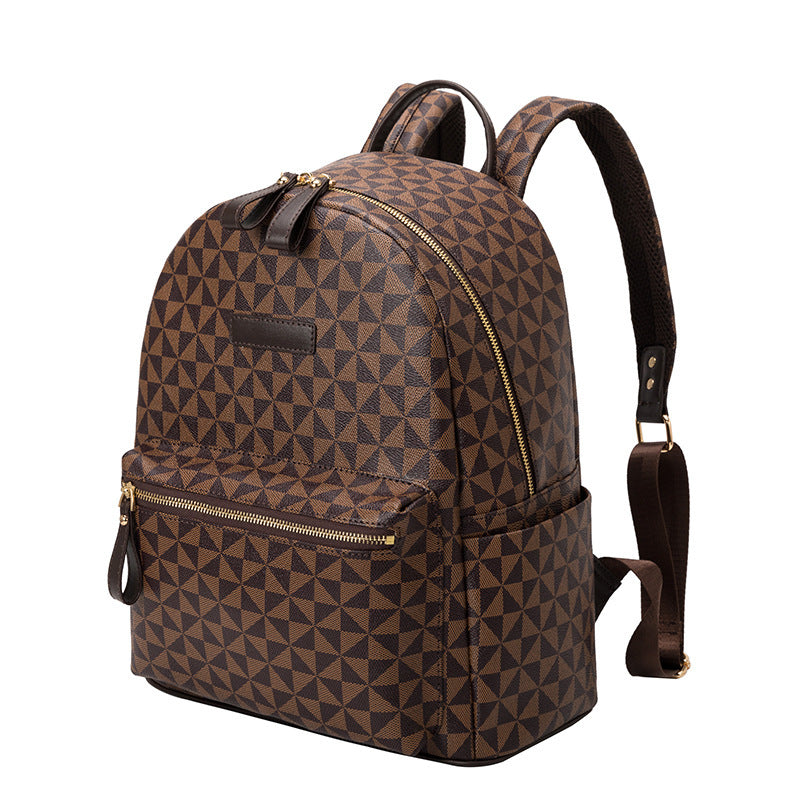 Front view of a brown geometric urban backpack, showcasing its modern design and fashion style.