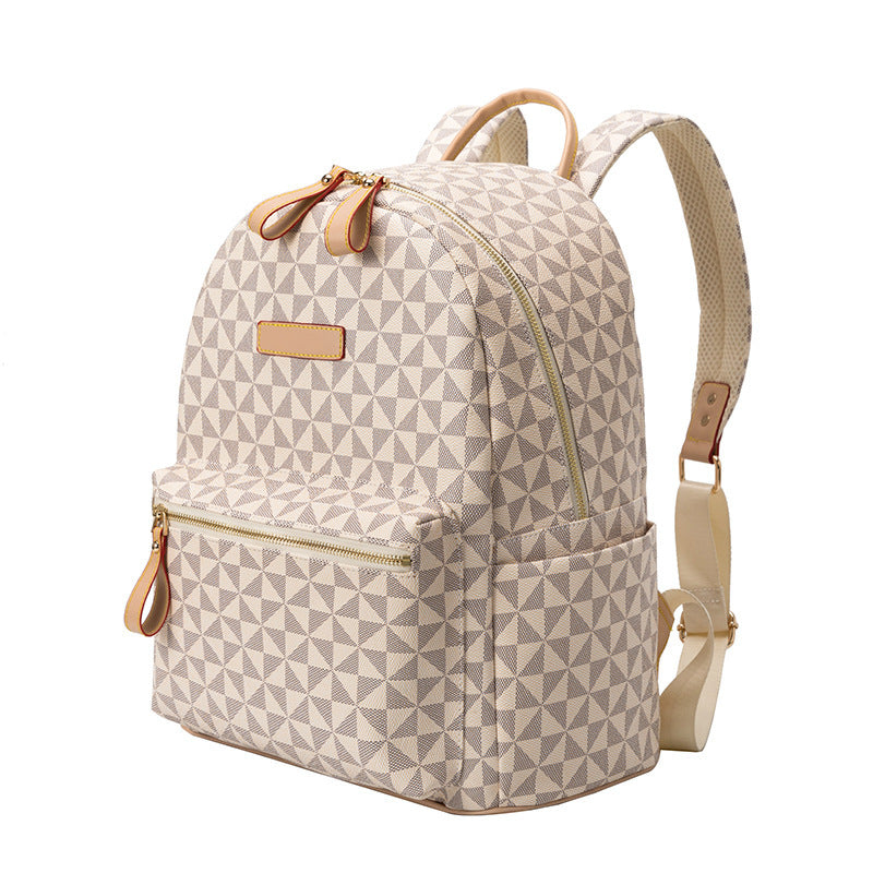 Spacious brown geometric urban laptop backpack, ideal for daily carry, school, and work.