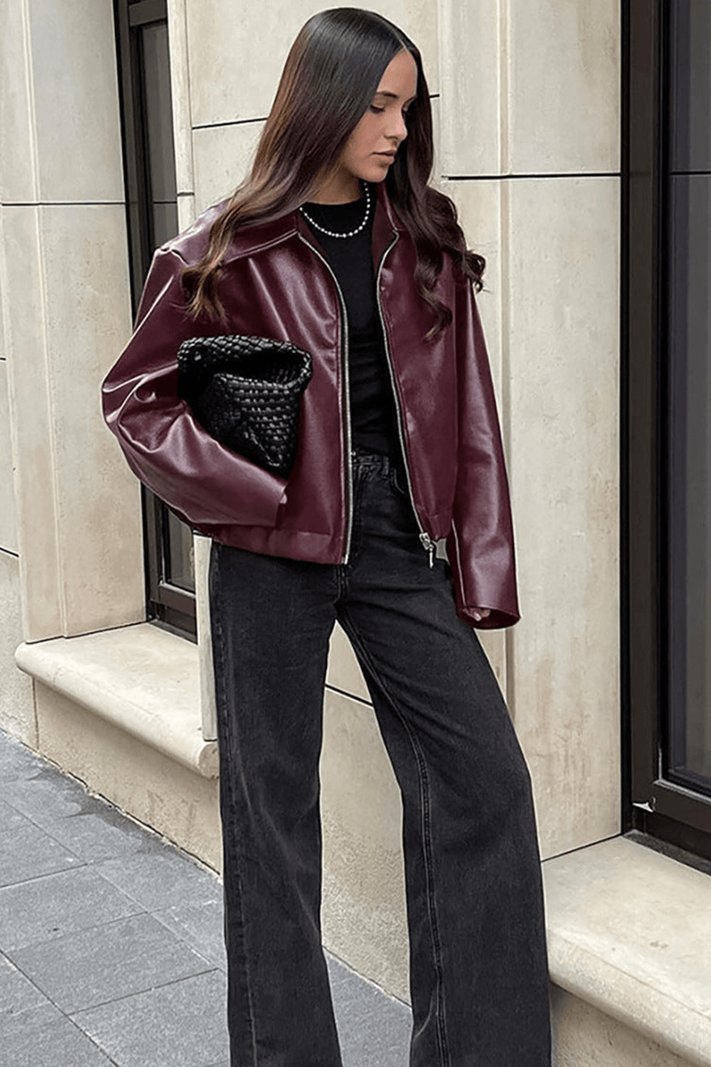 Women's versatile burgundy cropped jacket, a stylish outerwear choice with comfortable design.