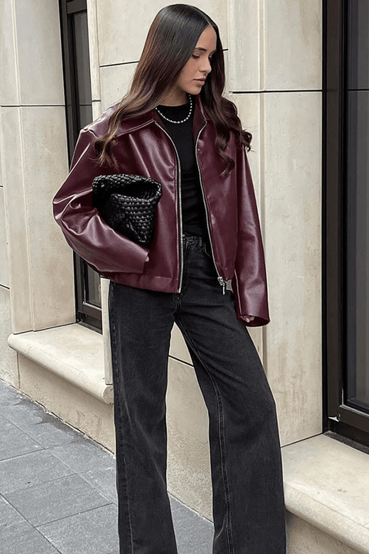 Women's versatile burgundy cropped jacket, a stylish outerwear choice with comfortable design.