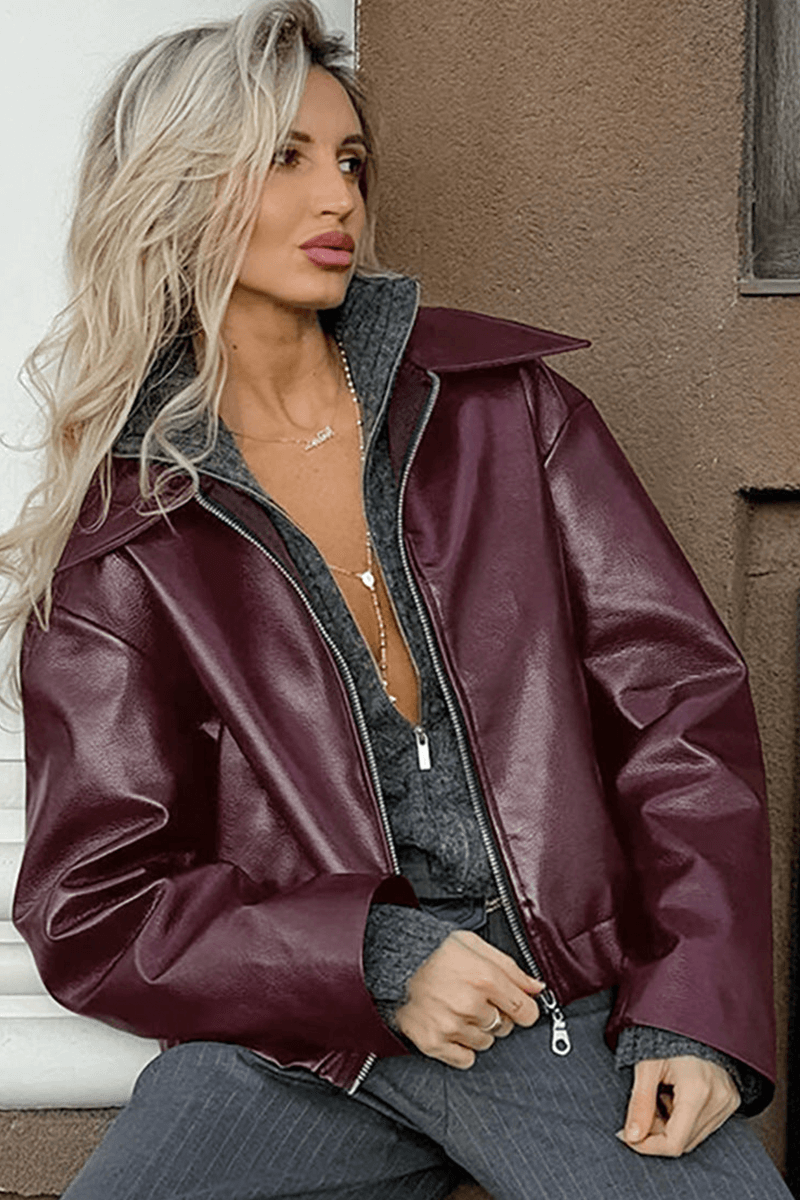Comfortable women's burgundy cropped jacket with zipper, perfect for chic modern layering.