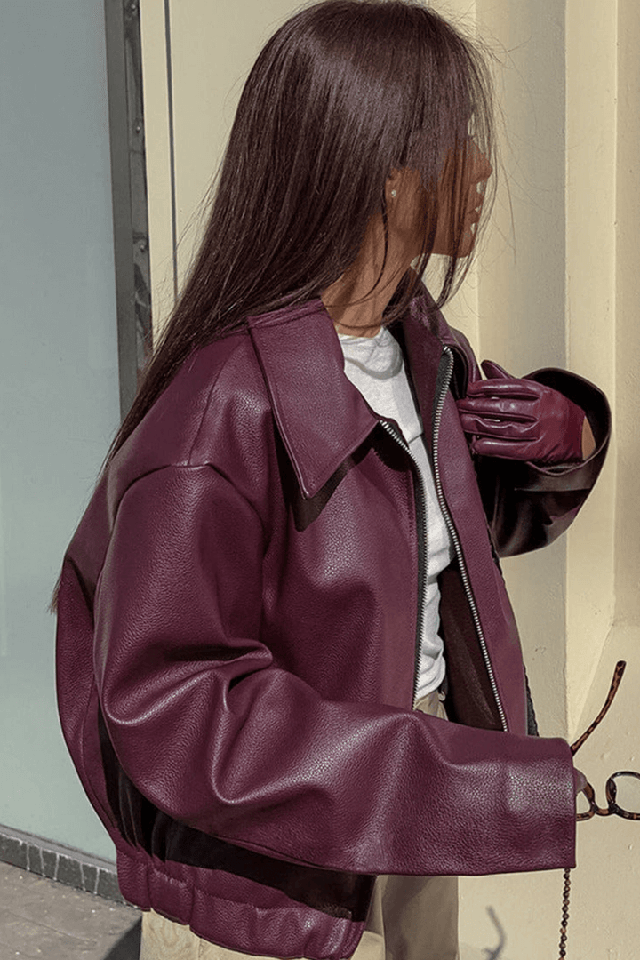Chic burgundy cropped jacket for women, designed for modern fashion and versatile everyday wear.