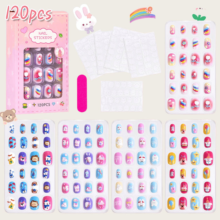 Cartoon nail art stickers for girls & women, 120 fun self-adhesive designs for DIY manicure.