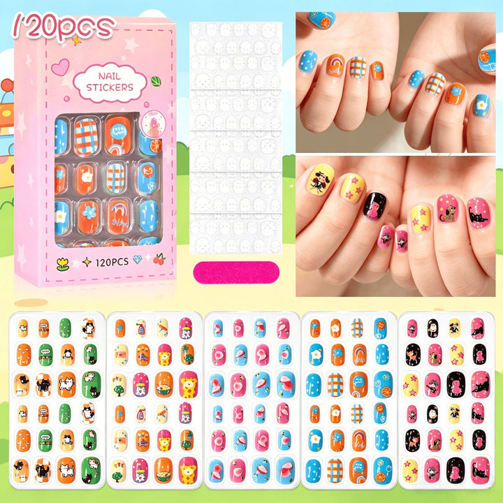 Fun cartoon nail stickers for kids, simple self-adhesive designs for creative nail art.