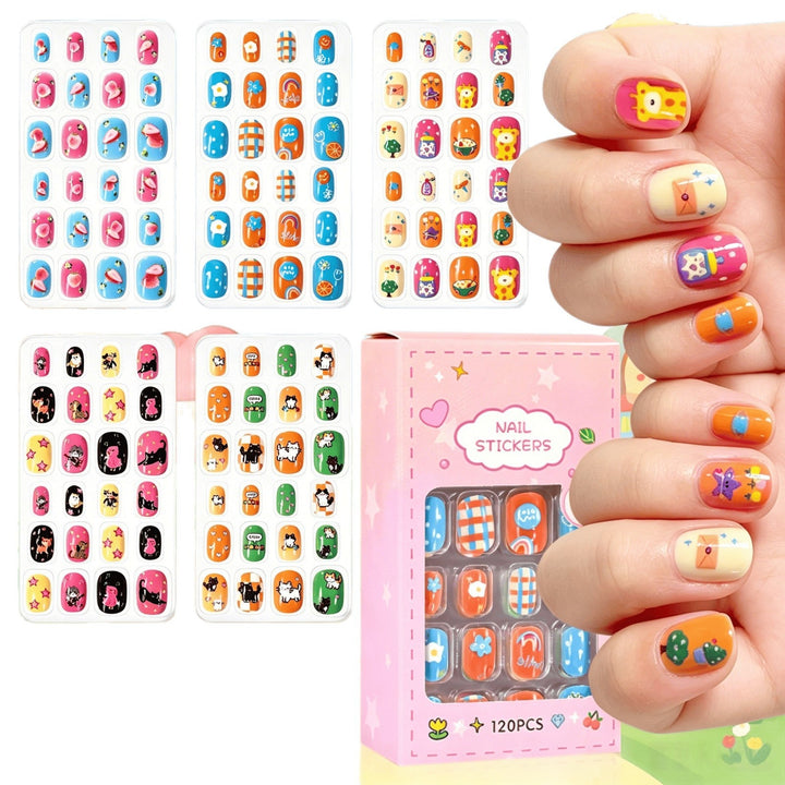 Kids' playful cartoon nail stickers, vibrant decals for creative and colorful manicures.