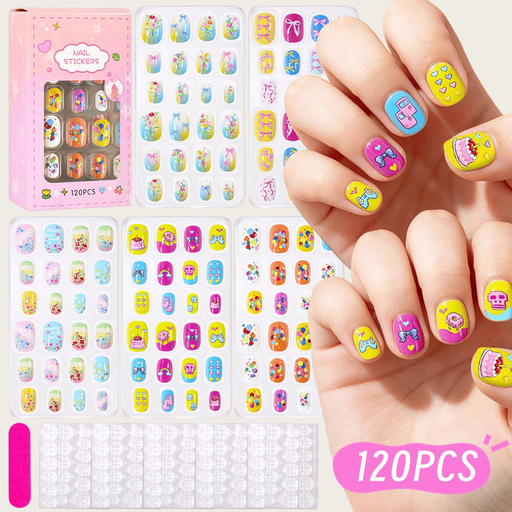 Cute cartoon nail art decals for girls, DIY self-adhesive manicure stickers with fun designs.