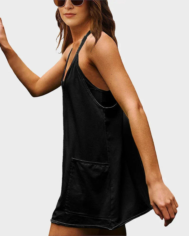 Stylish women's everyday mini dress with scoop neck and built-in shorts, comfortable & chic.