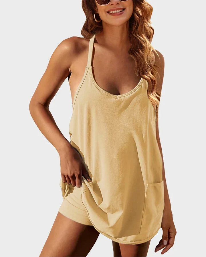Lightweight women's mini dress, scoop neck & built-in shorts, designed for ultimate comfort.